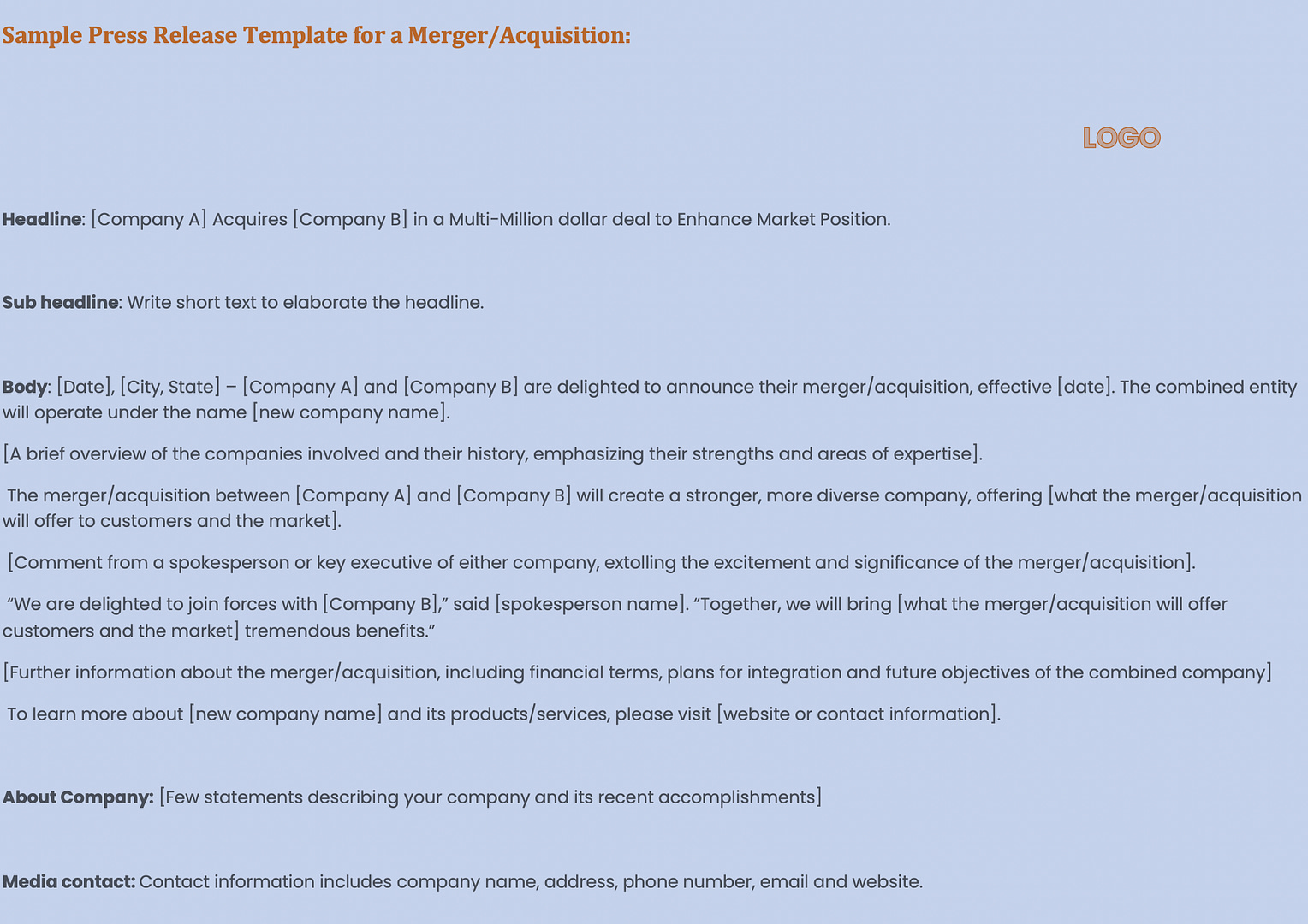 Press Release Template for a Merger/Acquisition